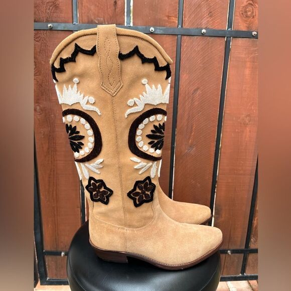 Free People Roundhouse Stitch Suede Embroidered Western Knee High Boots 38EU - Picture 2 of 10